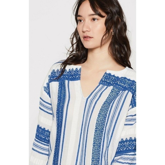 Joie Selbea Top XS Regatta Blue Striped Embroidered Bell Sleeve Cotton Blouse - Picture 3 of 10